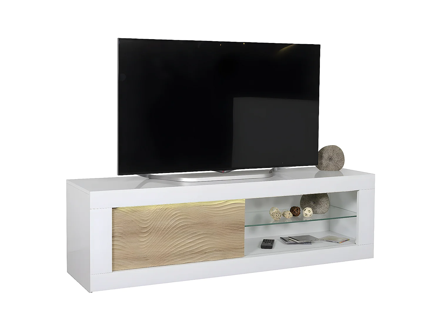 DAYTON OAK - Meuble TV Effet Chêne à Relief Porte Coulissante et Leds