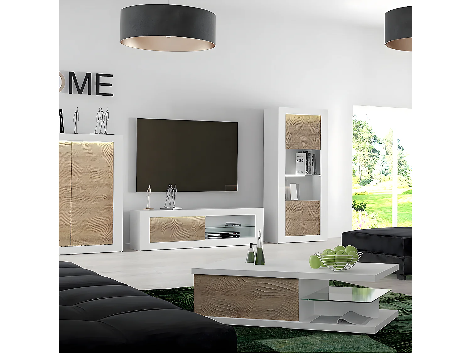 DAYTON OAK - Meuble TV Effet Chêne à Relief Porte Coulissante et Leds