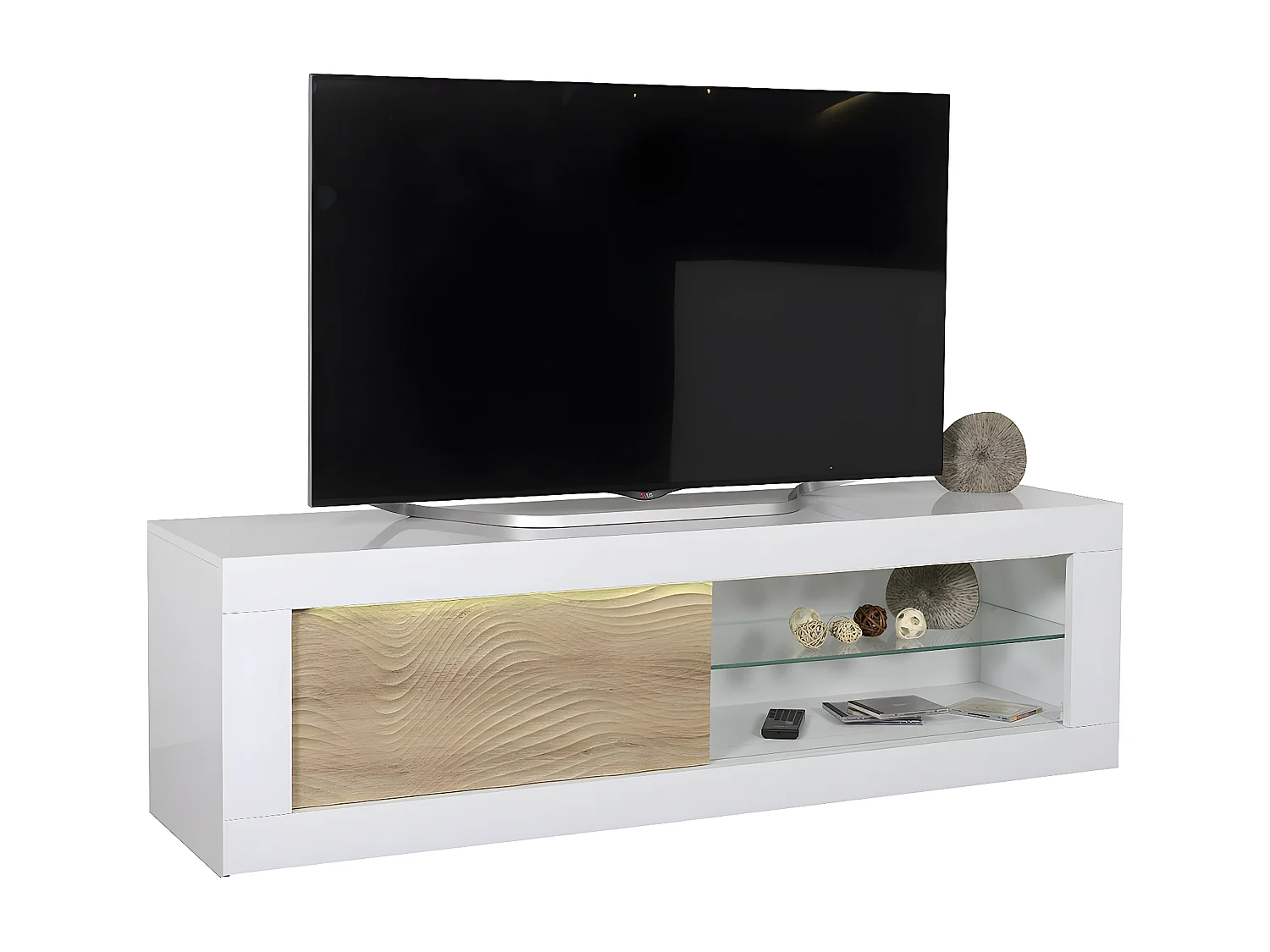 DAYTON OAK - Meuble TV Effet Chêne à Relief Porte Coulissante et Leds