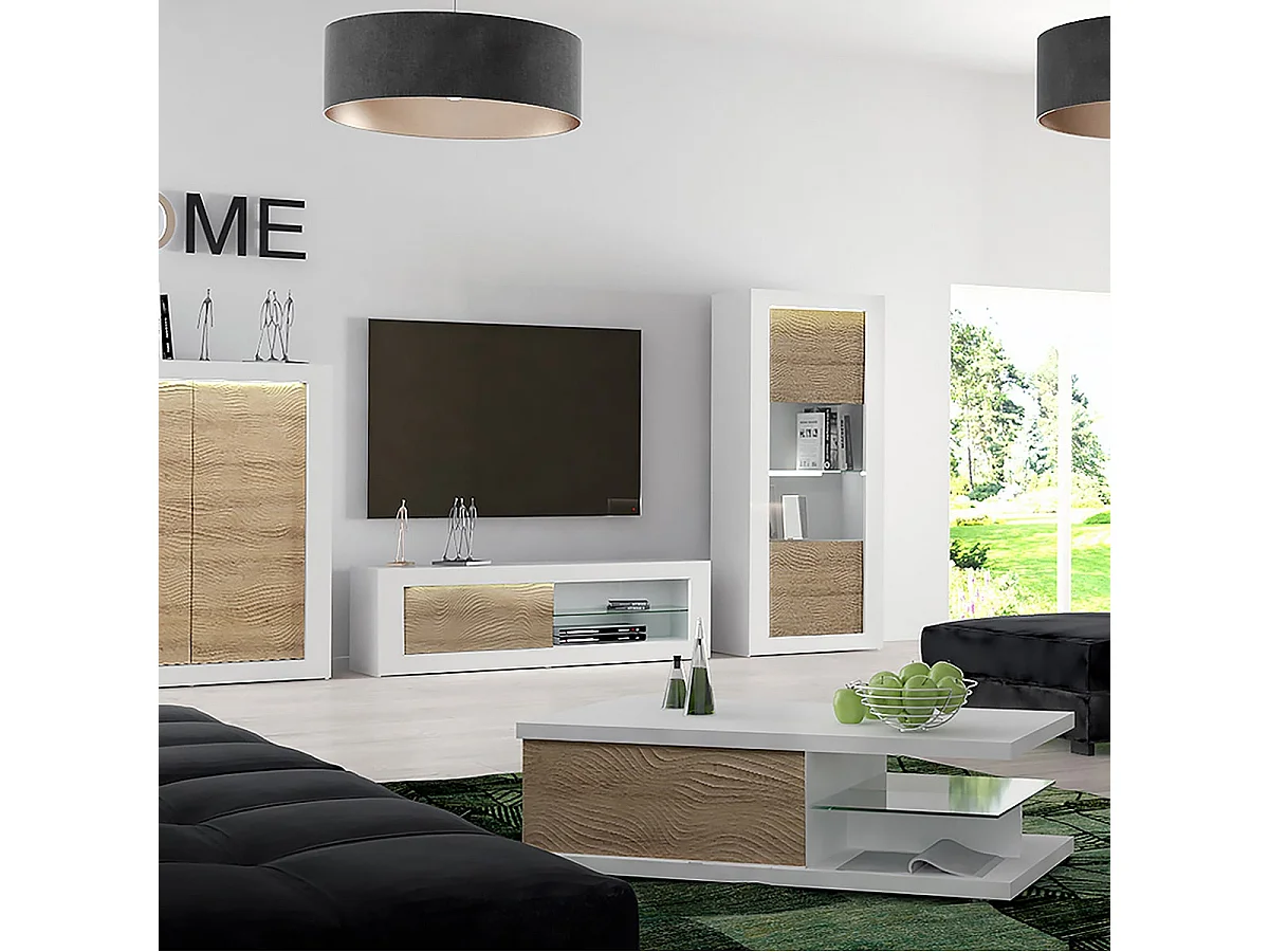 DAYTON OAK - Meuble TV Effet Chêne à Relief Porte Coulissante et Leds
