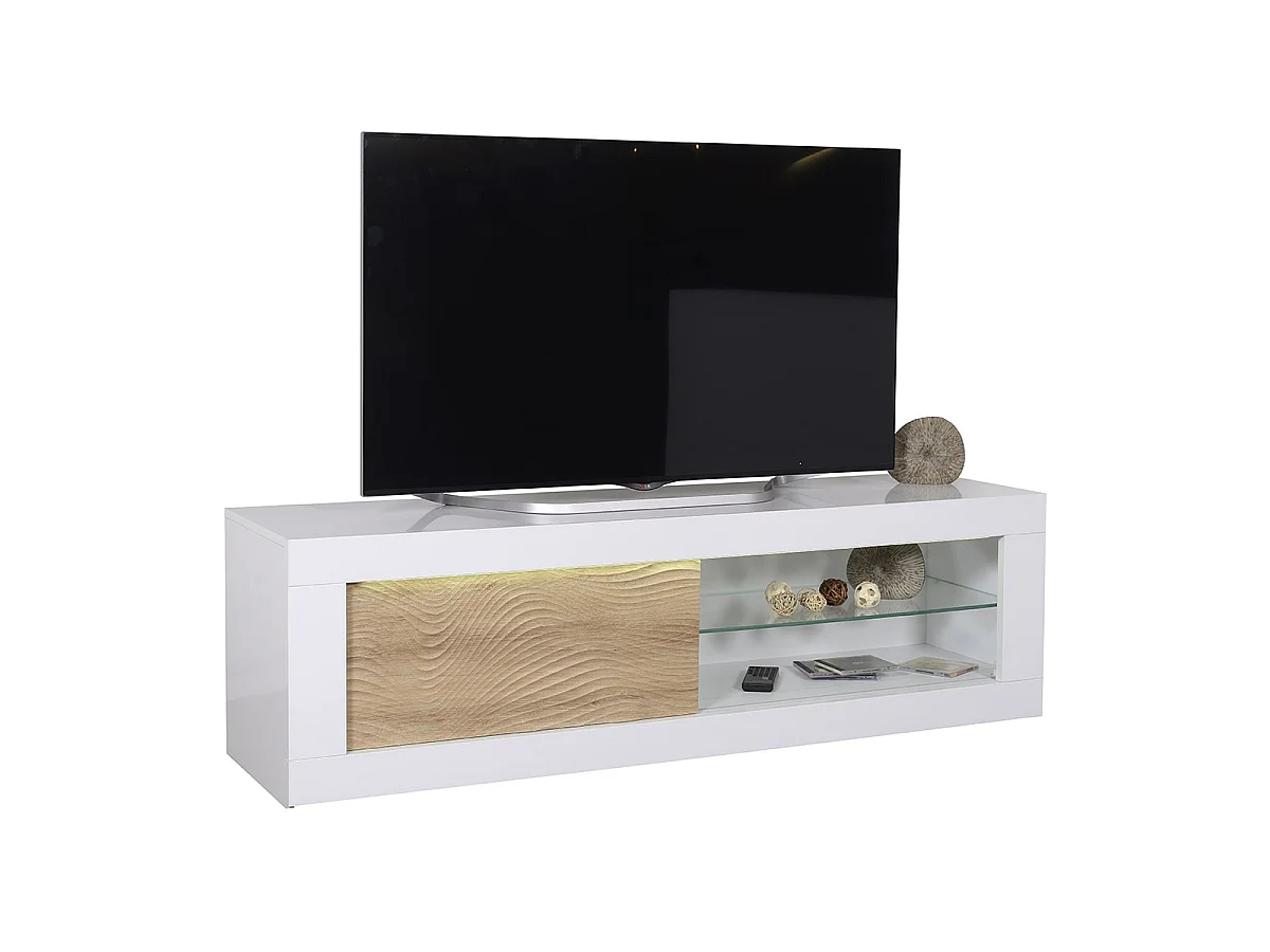 DAYTON OAK - Meuble TV Effet Chêne à Relief Porte Coulissante et Leds