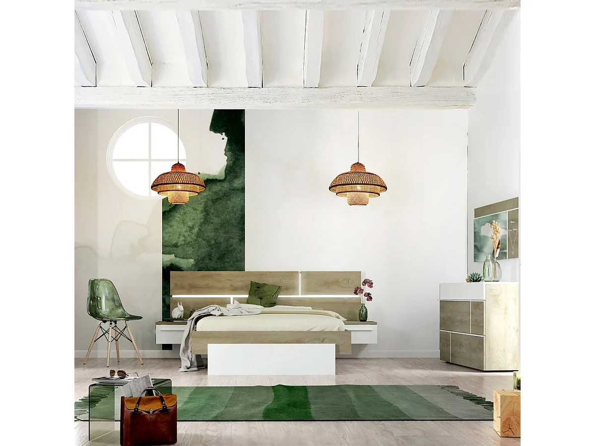 NINO LIGHT - Lit 180x200cm avec Leds et Chevets Suspendus + Commode