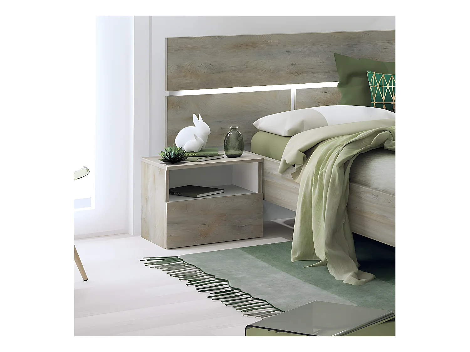 NINO LIGHT - Ensemble Lit 160x200cm avec Leds + 2 Chevets à Poser