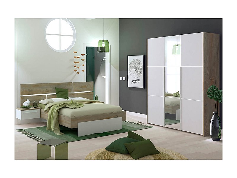 Chambre à Coucher Complète PEGANE | Lit 160x200cm + Armoire + Commode + Chevets | Imitation Chêne Poutre/graphite | Livrée En Kit