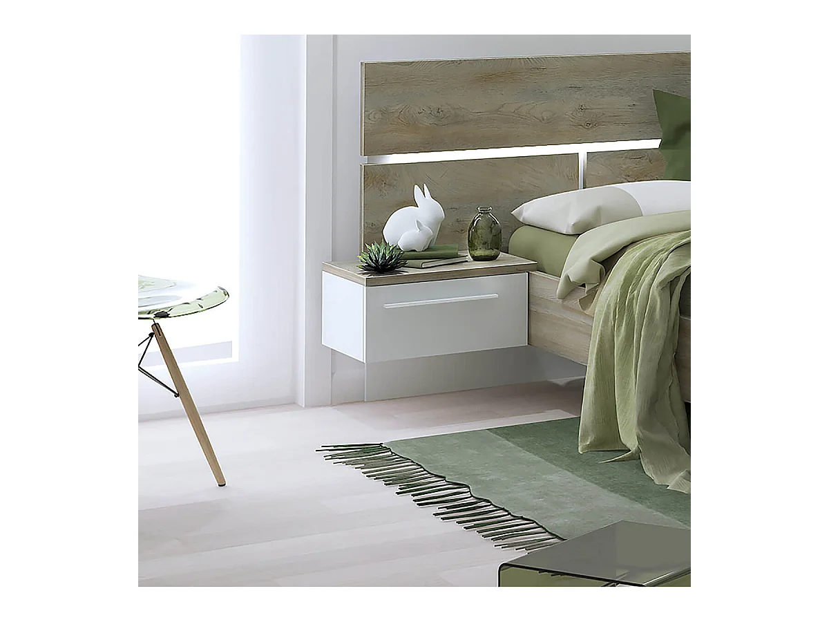 NINO LIGHT - Lit 160x200cm avec Leds et Chevets Suspendus + Armoire 3P