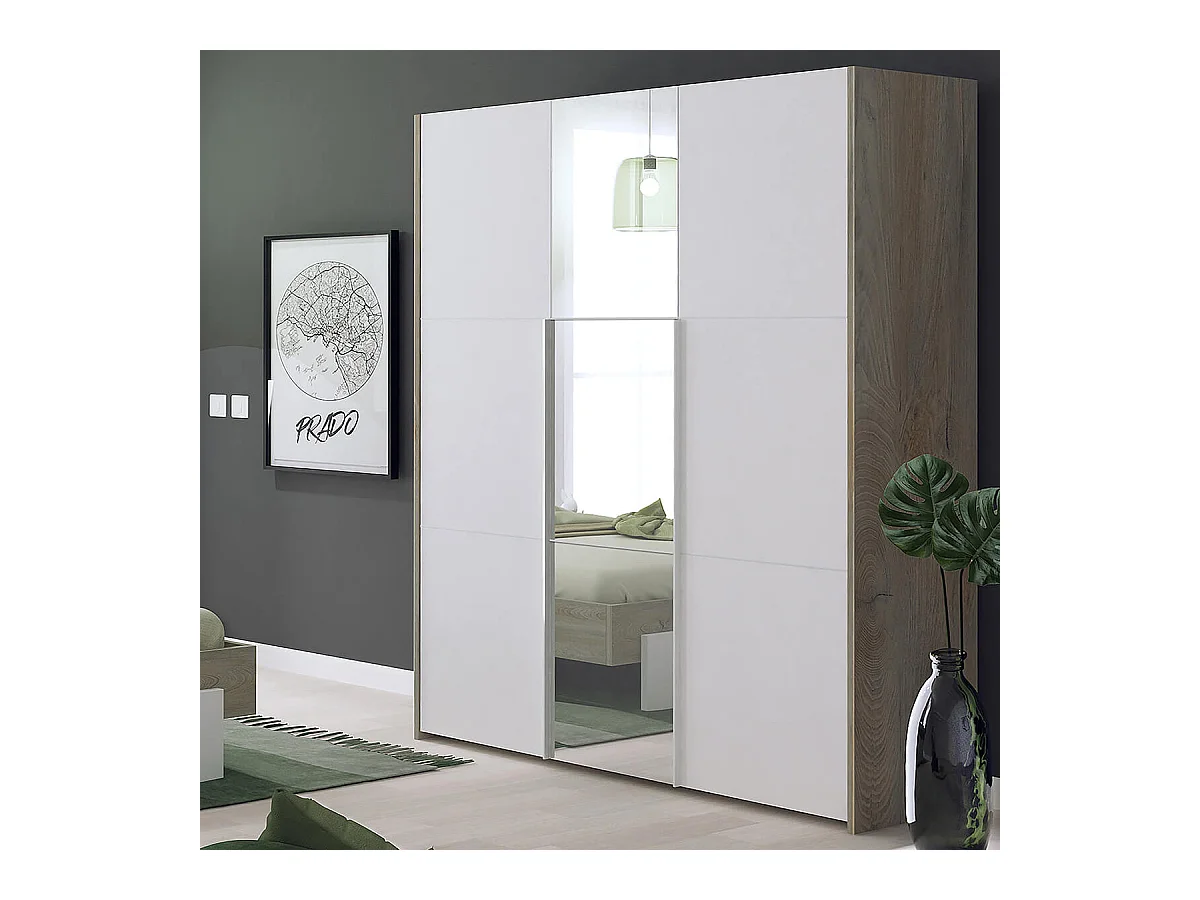 NINO LIGHT - Lit 160x200cm avec Leds et Chevets Suspendus + Armoire 3P