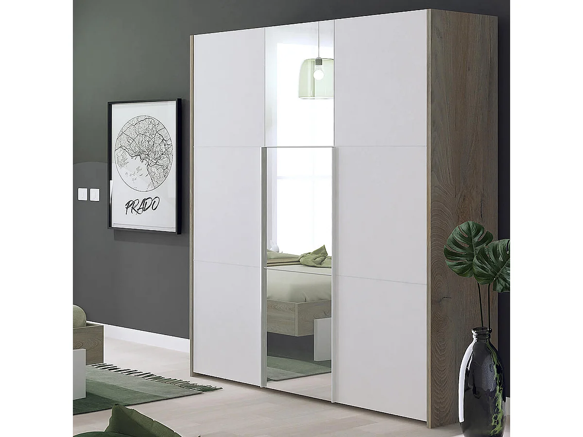 NINO LIGHT - Lit 160x200cm avec Leds et Chevets Suspendus + Armoire 3P