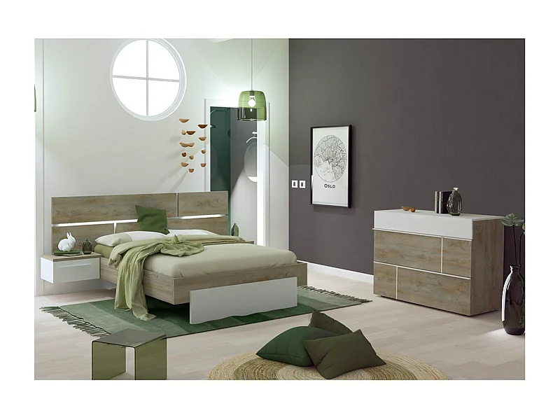 NINO LIGHT - Lit 160x200cm avec Leds et Chevets Suspendus + Commode