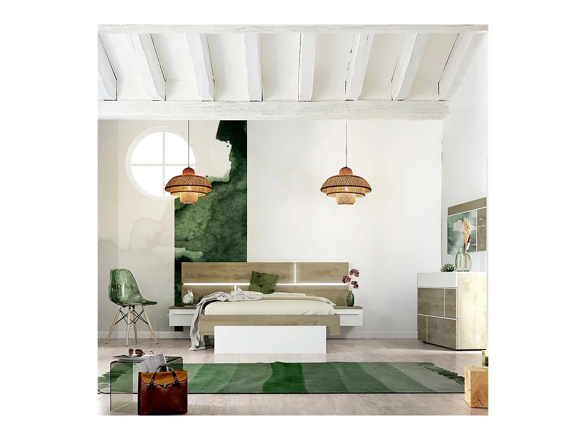 NINO LIGHT - Lit 160x200cm avec Leds et Chevets Suspendus + Commode