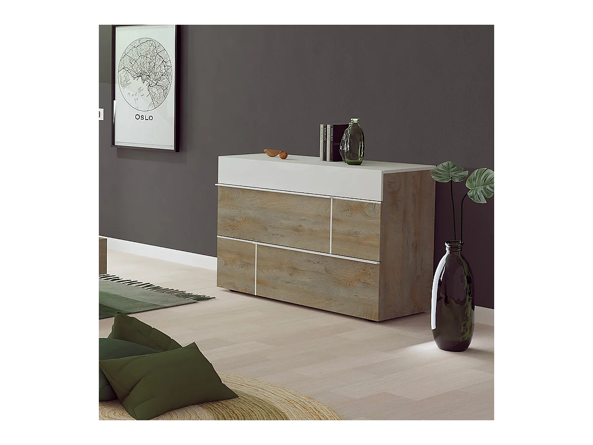 NINO LIGHT - Lit 160x200cm avec Leds et Chevets Suspendus + Commode