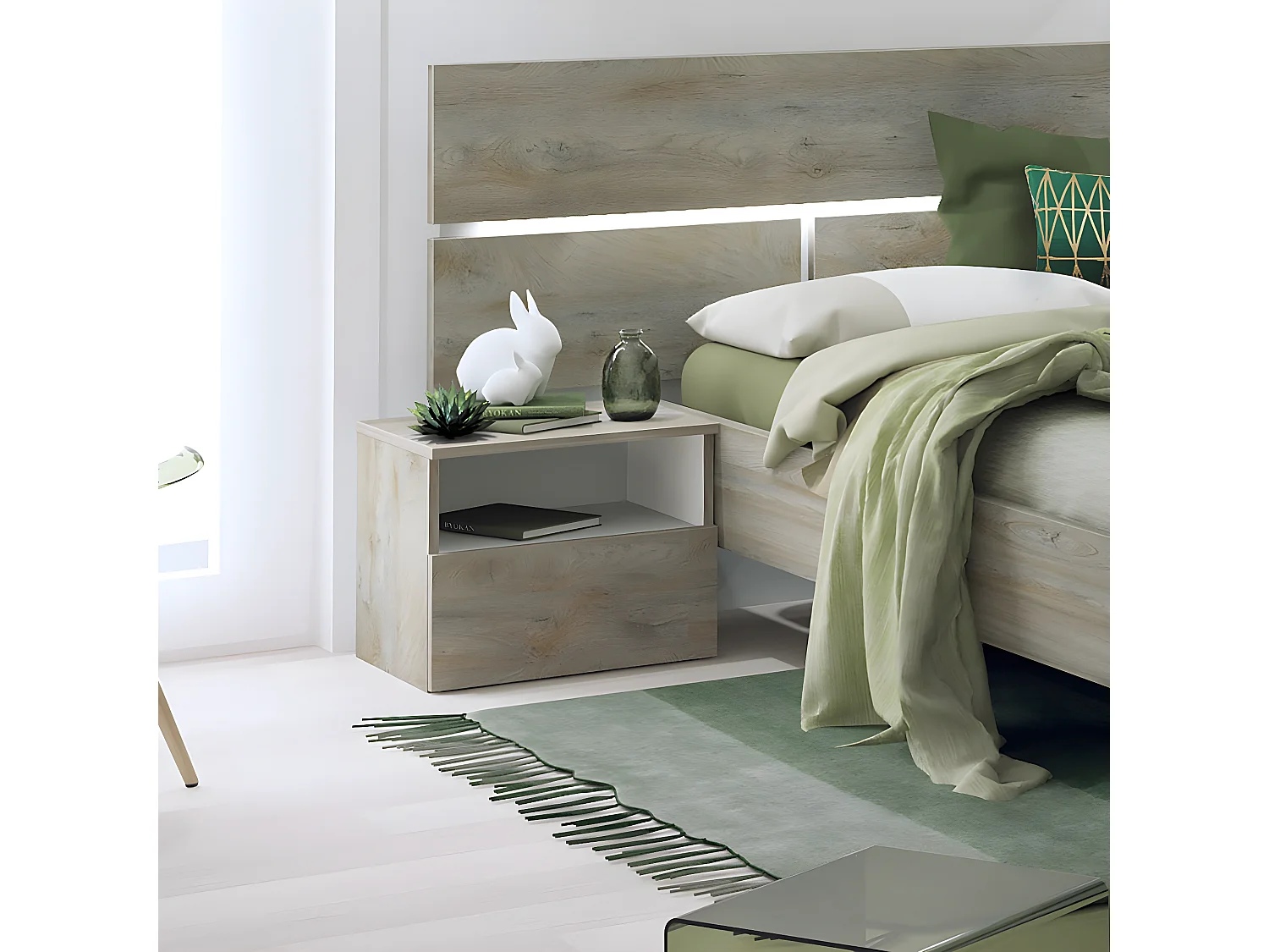 NINO LIGHT - Ensemble Lit 180x200cm avec Leds + 2 Chevets à Poser