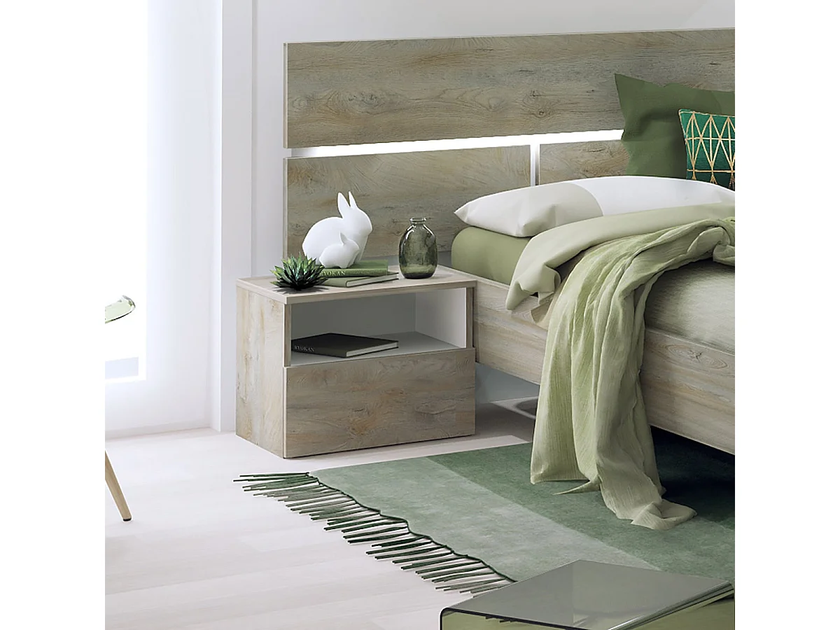 NINO LIGHT - Lit 140x190cm avec Leds et Chevets à Poser + Commode