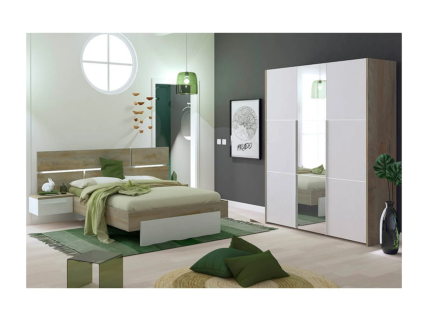 NINO LIGHT - Lit 180x200cm avec Leds et Chevets Suspendus + Armoire 3P