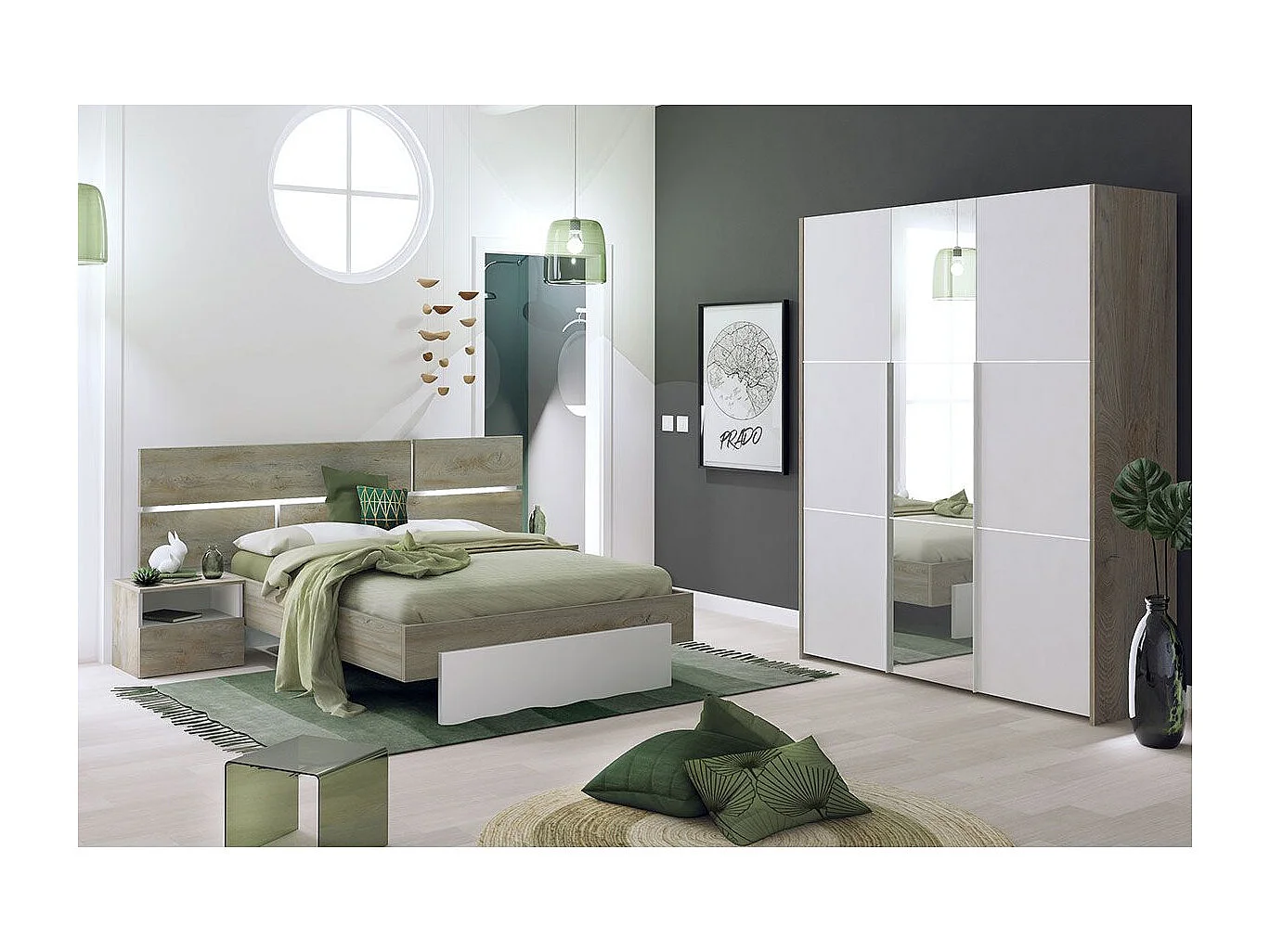 NINO LIGHT - Lit 180x200cm avec Leds et Chevets à Poser + Armoire 3P