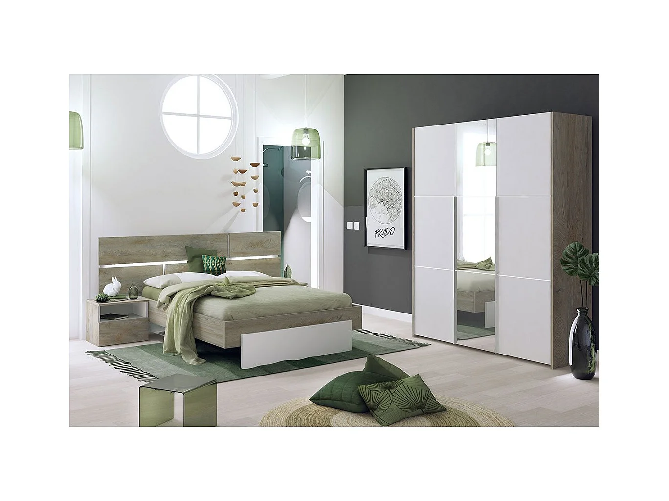 NINO LIGHT - Lit 140x190cm avec Leds et Chevets à Poser + Armoire 3P