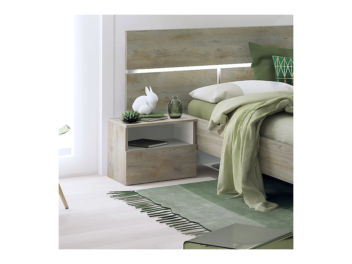 NINO LIGHT - Lit 140x190cm avec Leds et Chevets à Poser + Armoire 3P