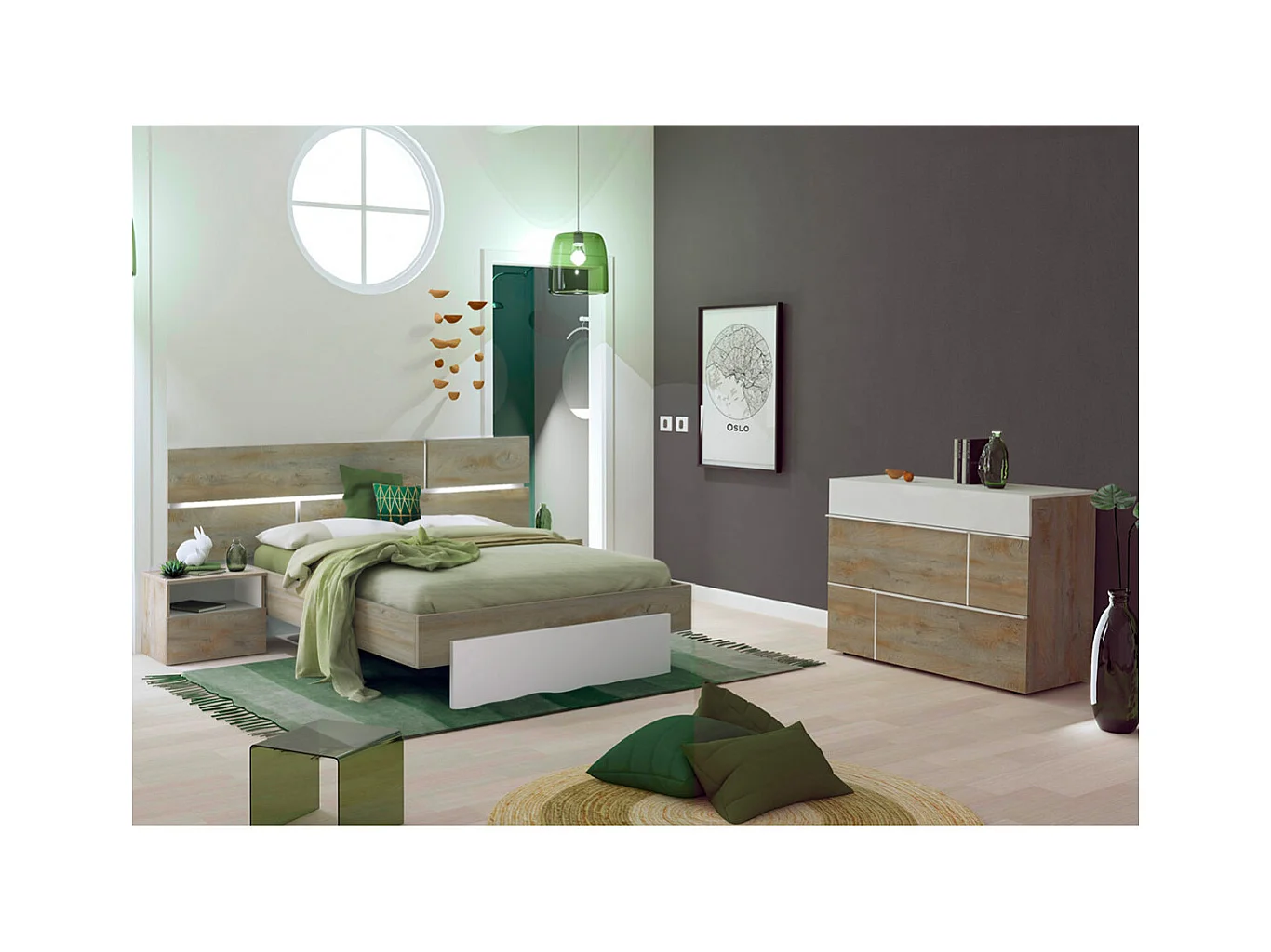 NINO LIGHT - Lit 180x200cm avec Leds et Chevets à Poser + Commode