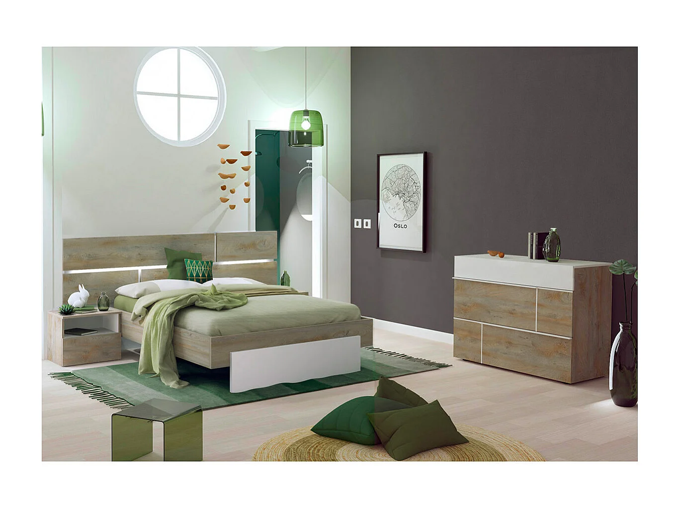 NINO LIGHT - Lit 180x200cm avec Leds et Chevets à Poser + Commode