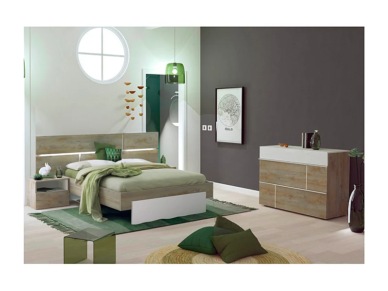 NINO LIGHT - Lit 180x200cm avec Leds et Chevets à Poser + Commode