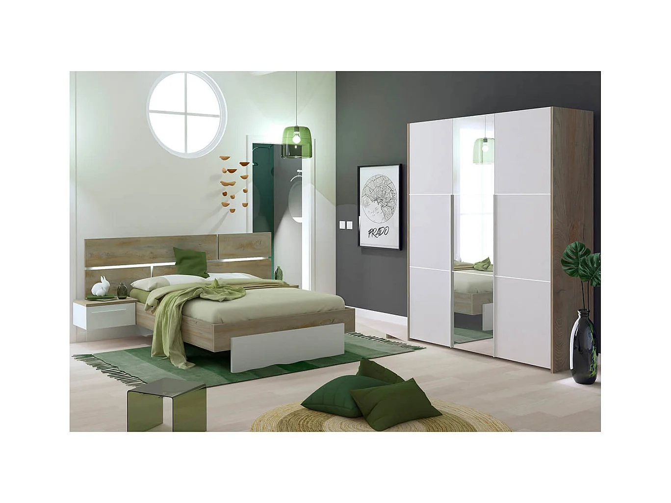 NINO LIGHT - Lit 140x190cm avec Leds et Chevets Suspendus + Armoire 3P