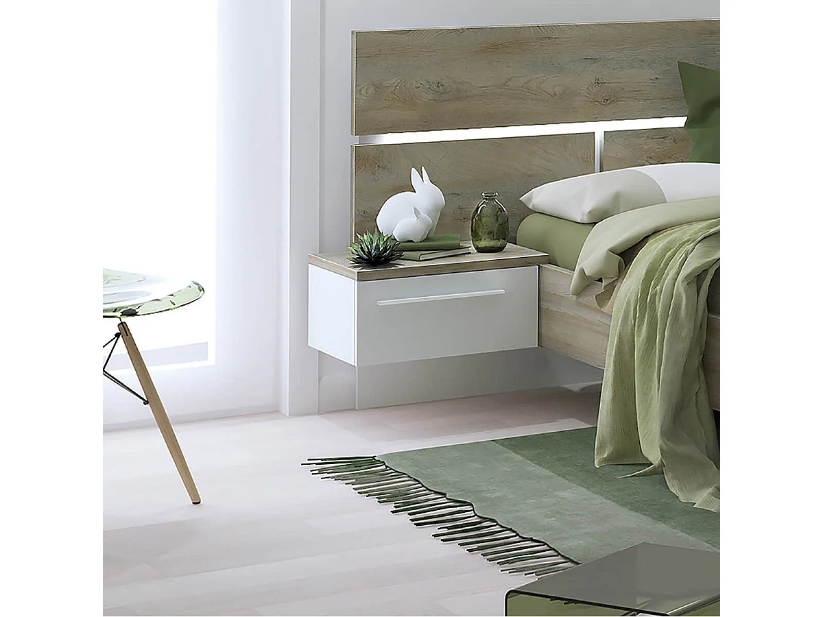 NINO LIGHT - Lit 140x190cm avec Leds et Chevets Suspendus + Armoire 3P