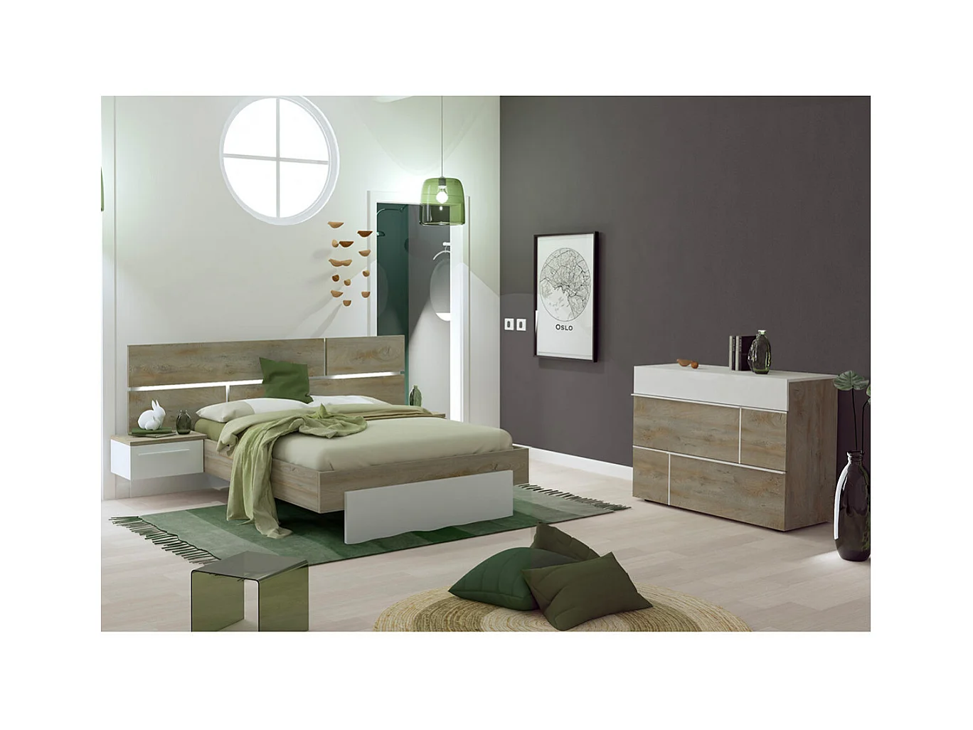 NINO LIGHT - Lit 140x190cm avec Leds et Chevets Suspendus + Commode