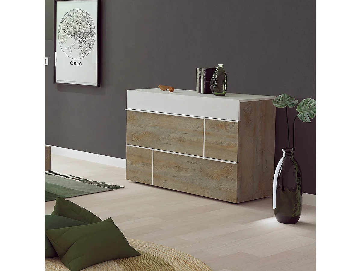 NINO LIGHT - Lit 140x190cm avec Leds et Chevets Suspendus + Commode