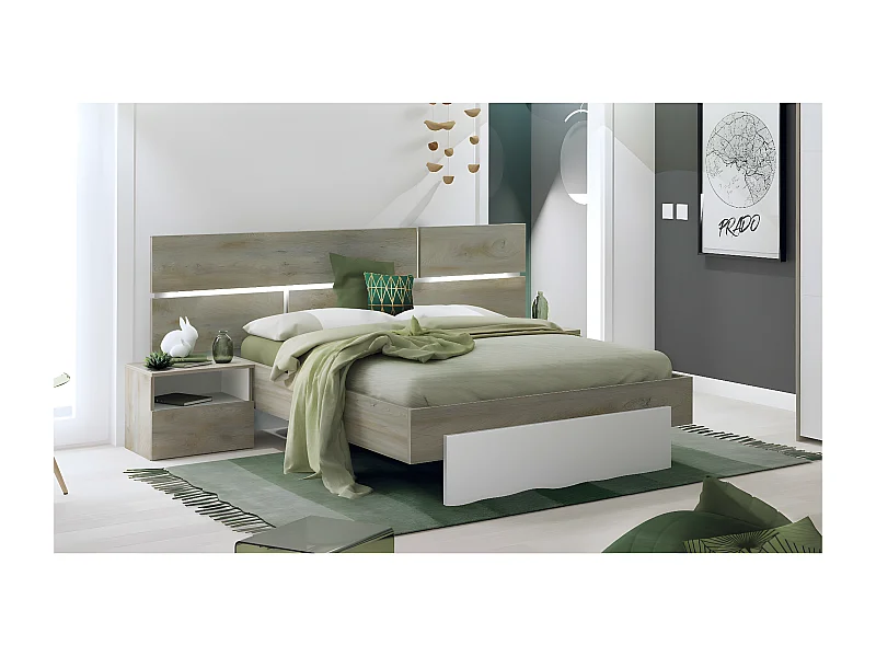 NINO LIGHT - Ensemble Lit 140x190cm avec Leds + 2 Chevets à Poser