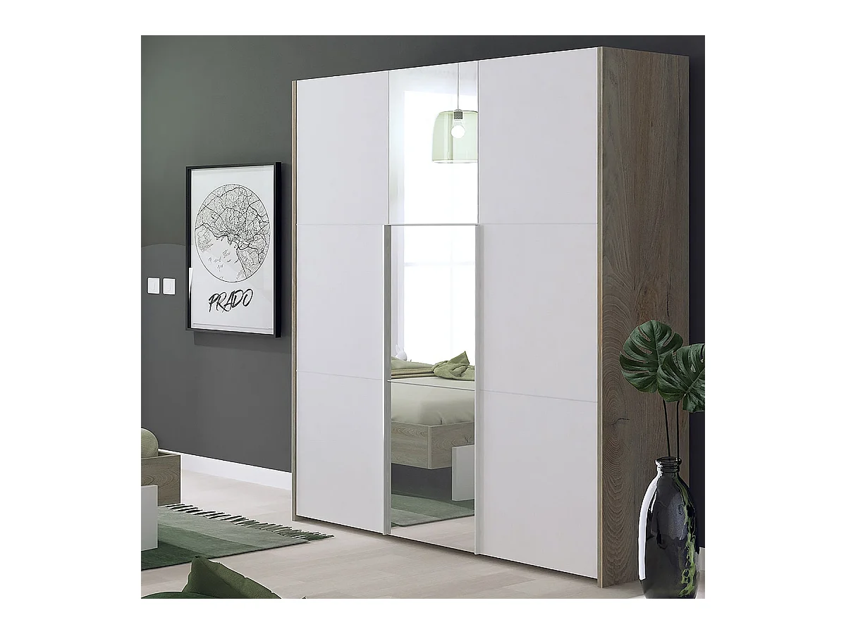 NINO LIGHT - Lit 160x200cm avec Leds et Chevets à Poser + Armoire 3P