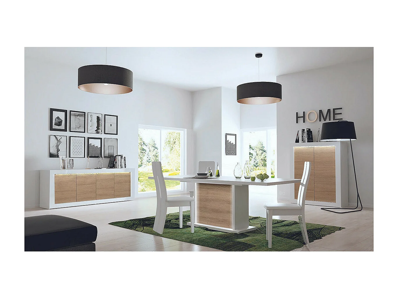 DAYTON OAK - Ensemble Séjour avec Table Allongeable 180-225cm + Leds