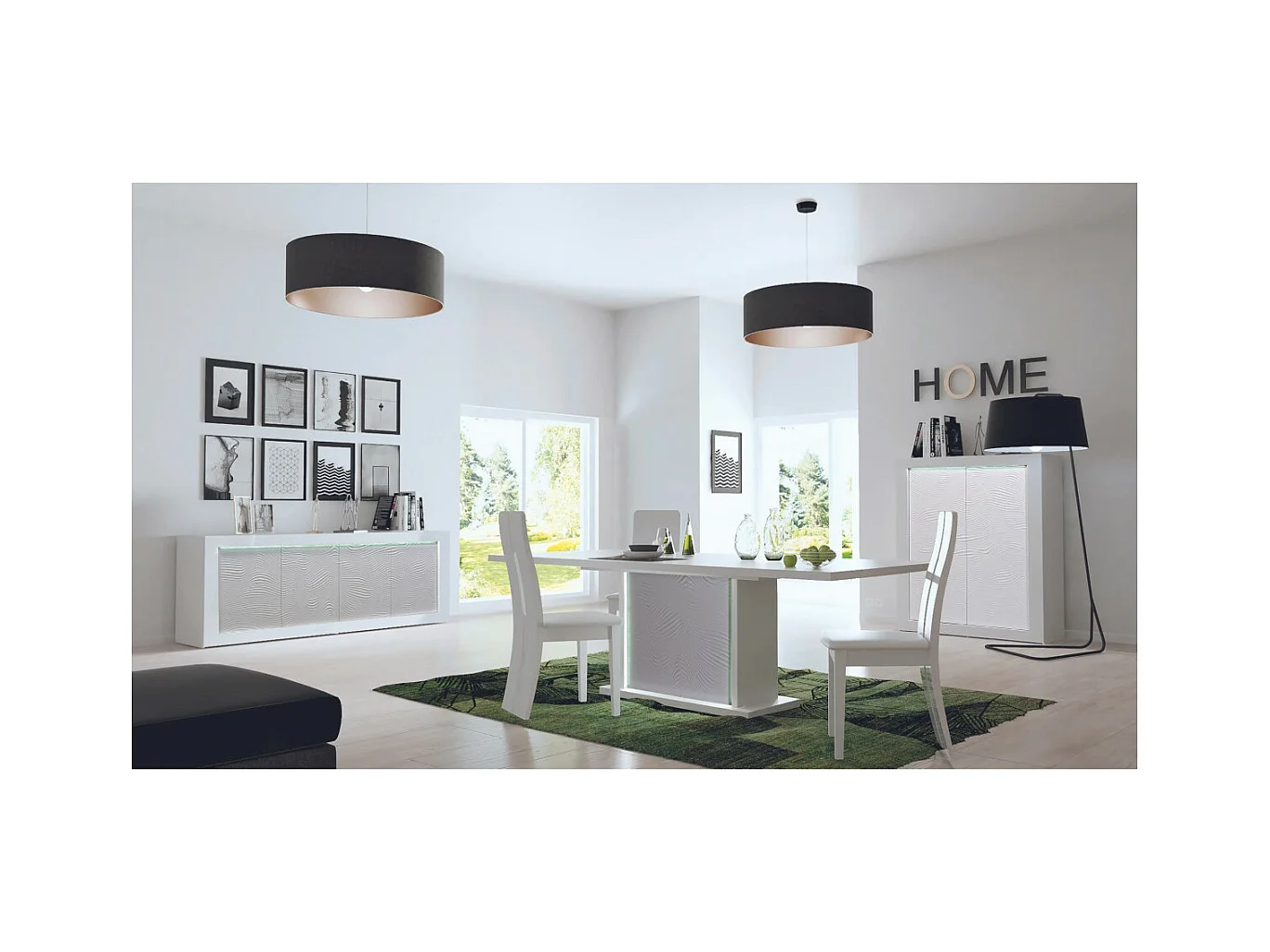 DAYTON WHITE - Ensemble Séjour avec Table Allongeable 180-225cm + Leds