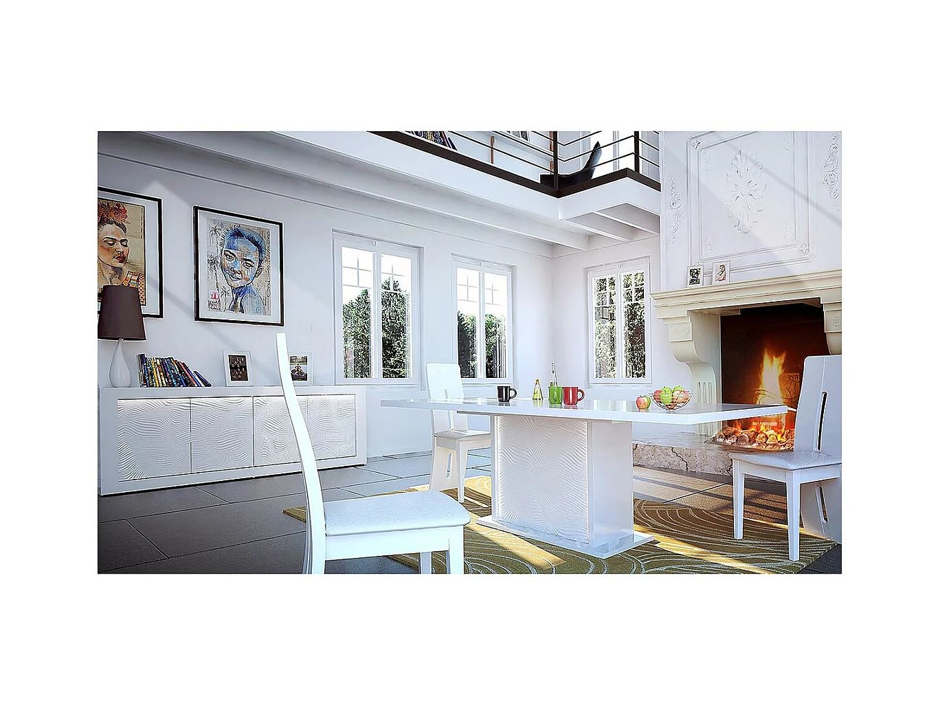 DAYTON WHITE - Ensemble Séjour avec Table Allongeable 180-225cm + Leds