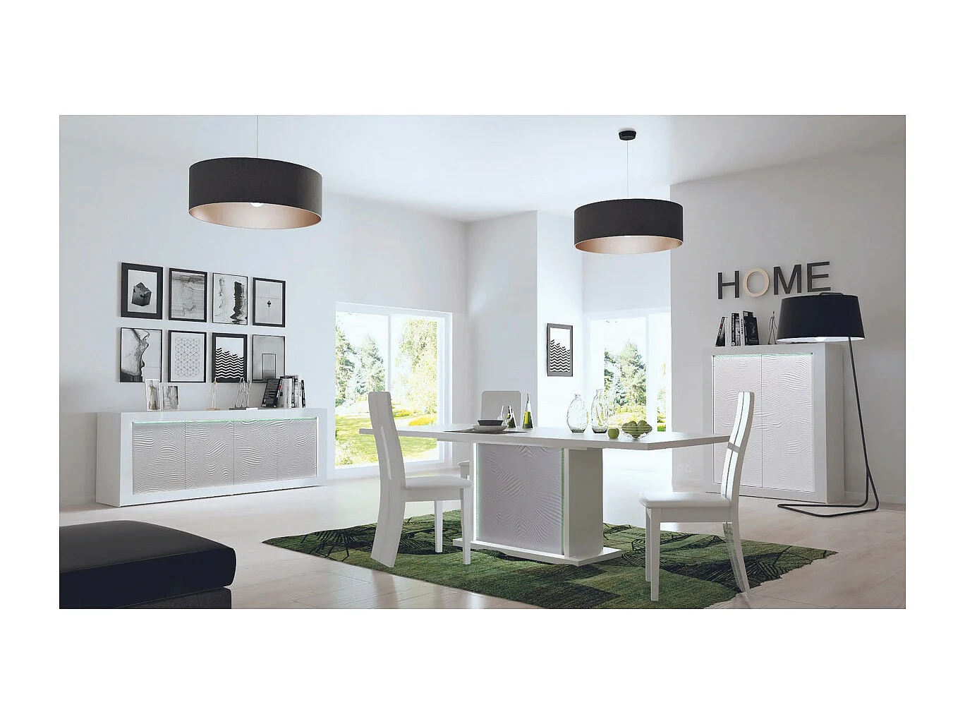 DAYTON WHITE - Ensemble Séjour avec Table Allongeable 180-225cm + Leds