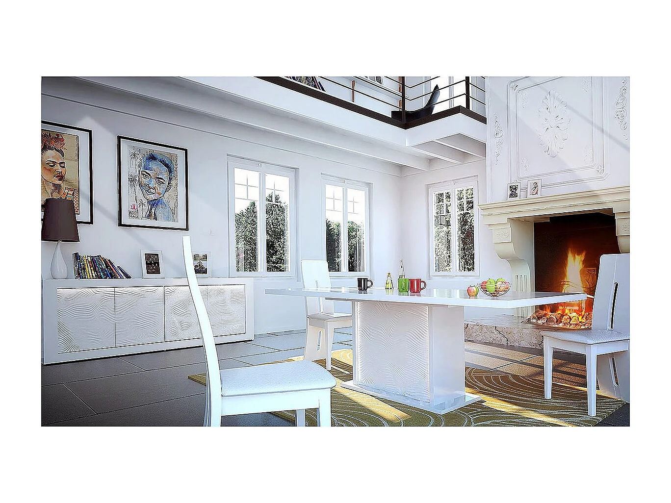 DAYTON WHITE - Ensemble Séjour avec Table Allongeable 180-225cm + Leds