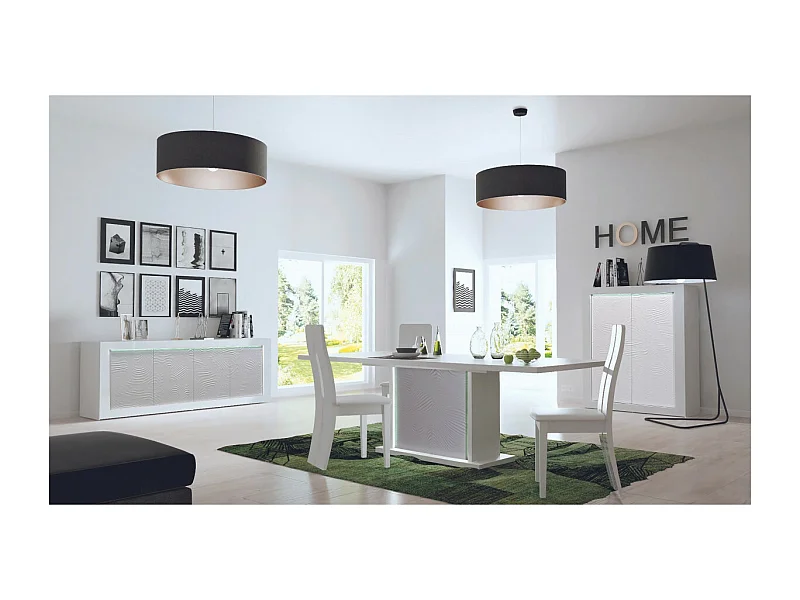 DAYTON WHITE - Ensemble Séjour avec Table Allongeable 180-225cm + Leds