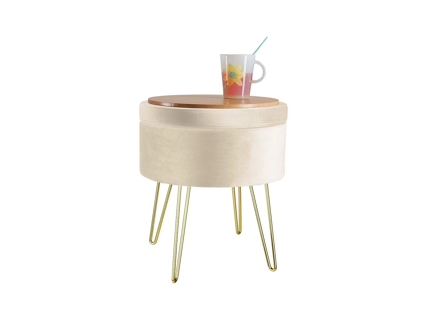 Sgabello ottomano con contenitore, tavolino effetto velluto beige 08_0000307