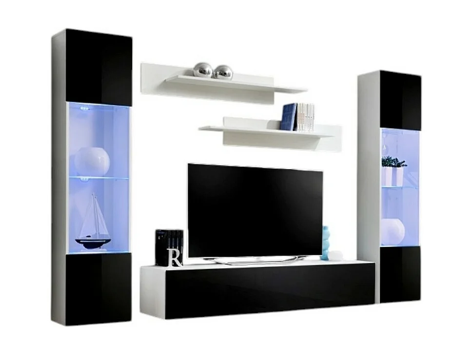 Meuble TV FLY A3 design, coloris blanc et noir brillant + LED. Meuble suspendu moderne et tendance pour votre salon.