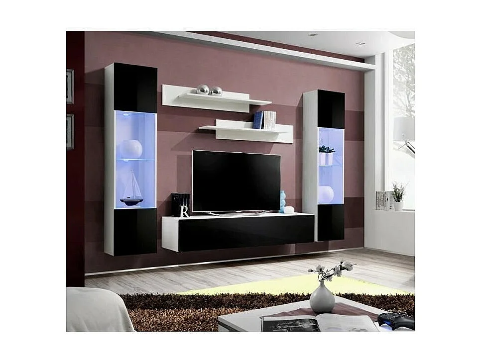Meuble TV FLY A3 design, coloris blanc et noir brillant + LED. Meuble suspendu moderne et tendance pour votre salon.