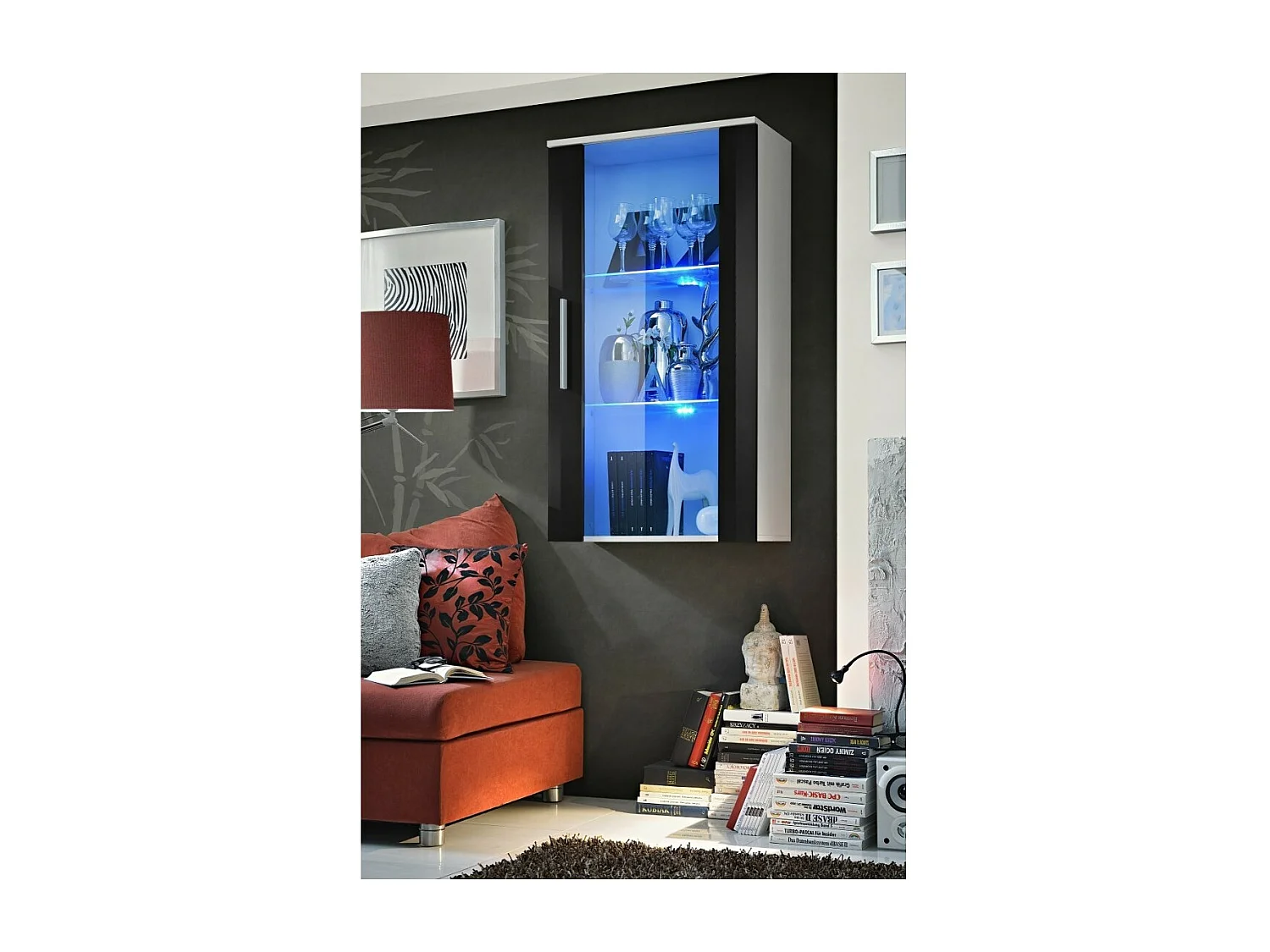 Vitrine LED Murale Design "Neo II" 110cm blanc et noir brillant avec système LED.