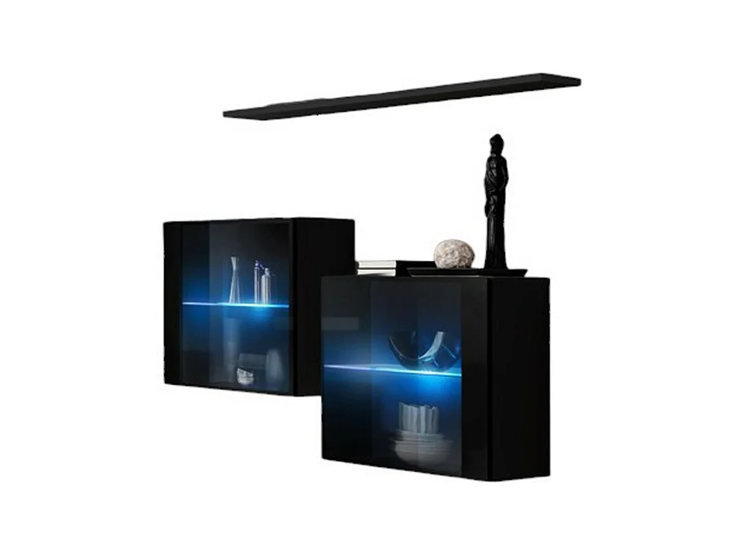 Ensemble meubles de salon SWITCH SBIII – Design moderne – Noir brillant – Portes vitrées avec LED intégrée