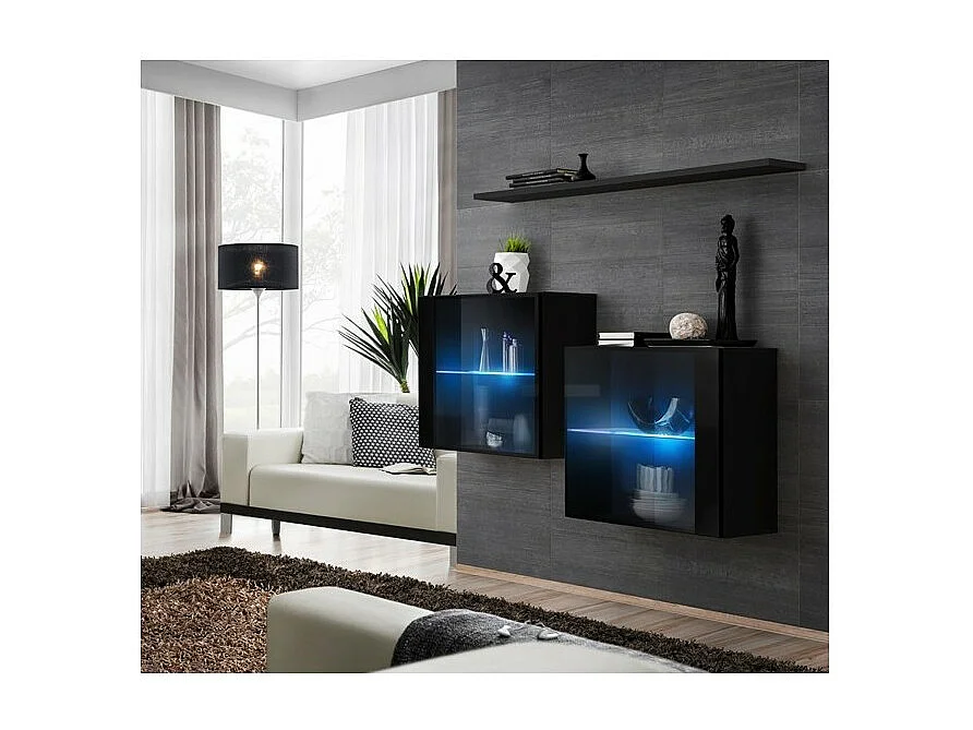 Conjunto de móveis para sala de estar SWITCH SBIII, design em cor preta brilhante e porta de vidro com sistema LED integrado.