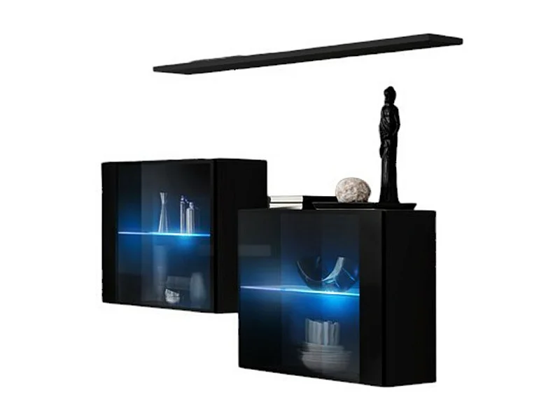 Conjunto de móveis para sala de estar SWITCH SBIII, design em cor preta brilhante e porta de vidro com sistema LED integrado.