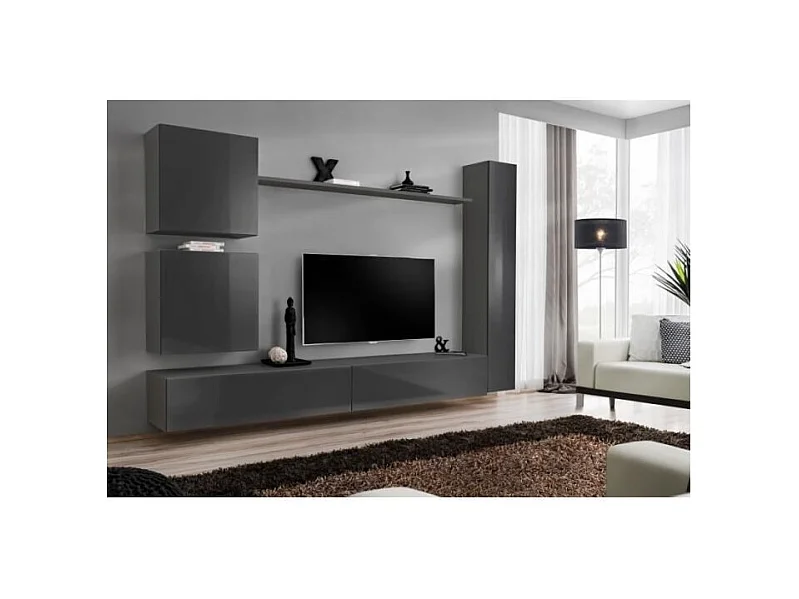 Conjunto de móveis para sala de estar SWITCH VIII. Móvel de TV de parede, design moderno, na cor cinza brilhante.