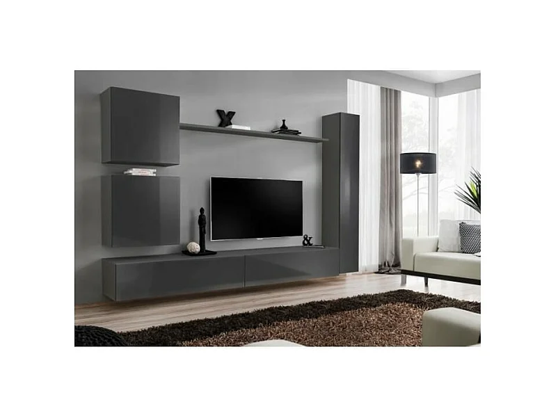 Ensemble meuble salon mural SWITCH VIII. Meuble TV mural design, coloris gris brillant.