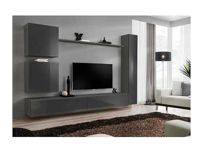 Ensemble meuble salon mural SWITCH VIII. Meuble TV mural design, coloris gris brillant.