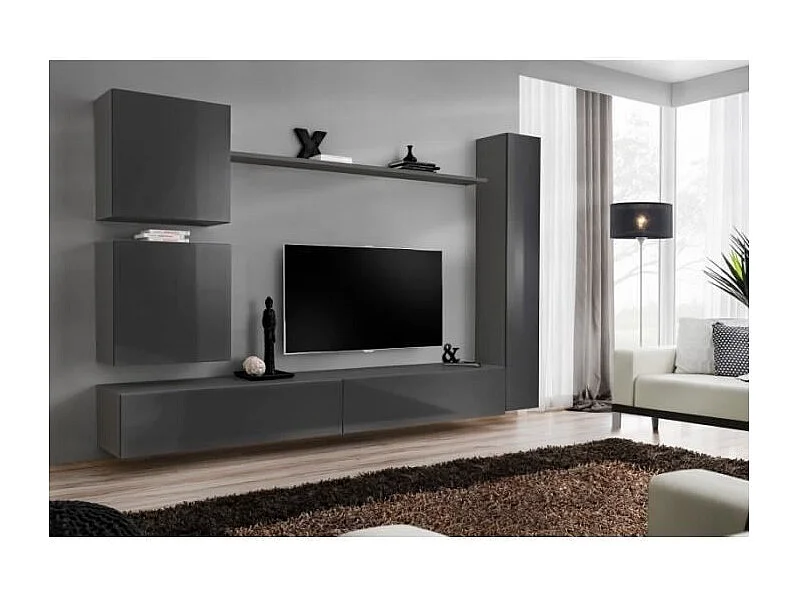 Ensemble meuble salon mural SWITCH VIII. Meuble TV mural design, coloris gris brillant.