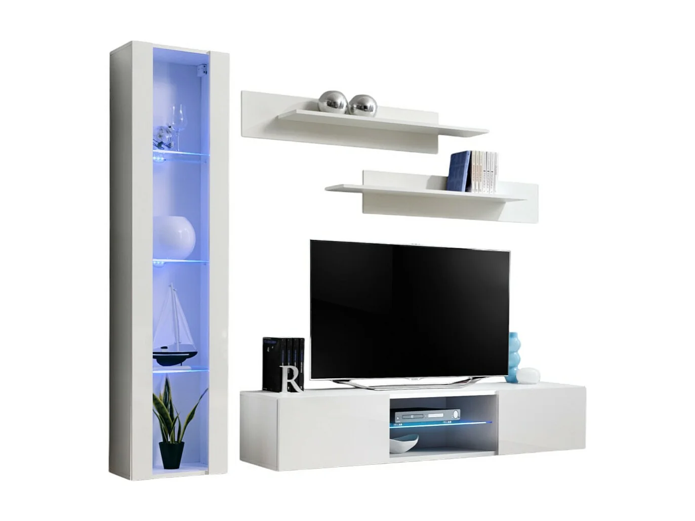 Ensemble Meuble TV FLY R2 avec LED. Coloris blanc. Meuble suspendu design pour votre salon.
