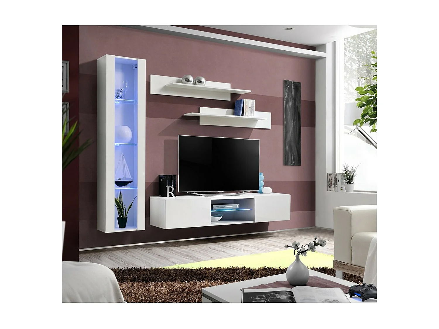 Ensemble Meuble TV FLY R2 avec LED. Coloris blanc. Meuble suspendu design pour votre salon.