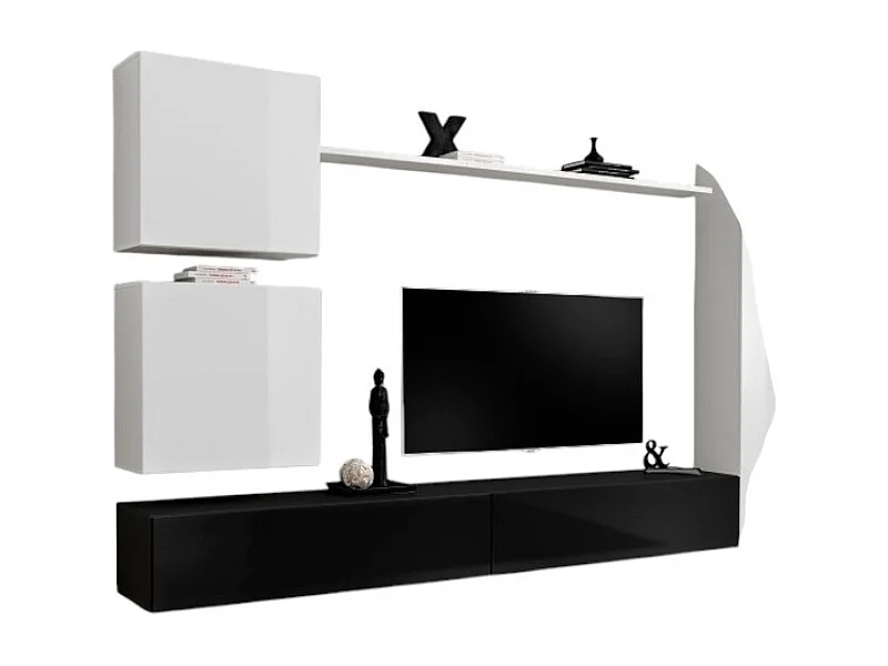 Wandmeubelset voor de woonkamer SWITCH VIII. Wandgemonteerd design TV-meubel, in glanzend zwart en wit.