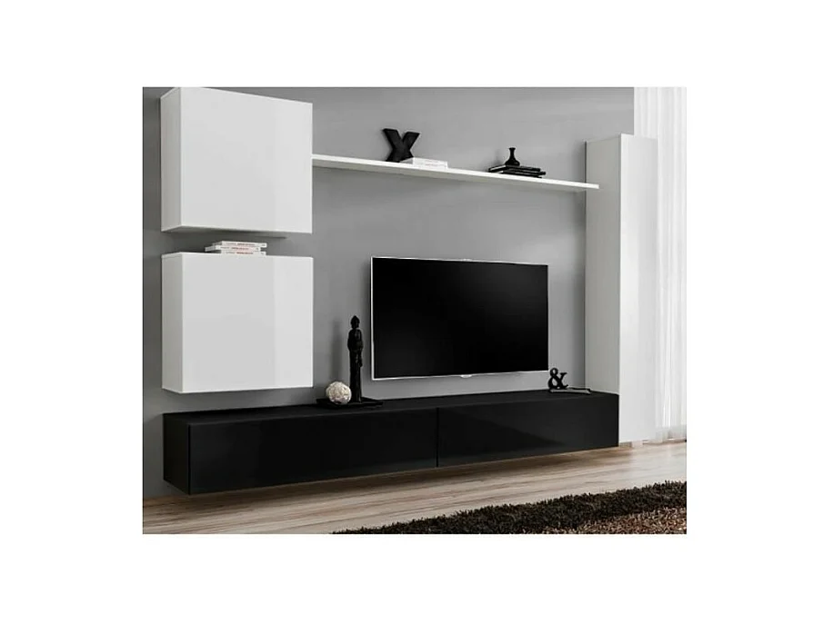 Conjunto de móveis para sala de estar SWITCH VIII. Móvel de parede para TV, design em cores preto e branco brilhante.